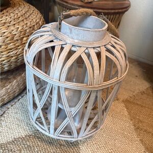 Pottery barn wooden Rustic hanging Woven Lantern with Glass Insert 16”